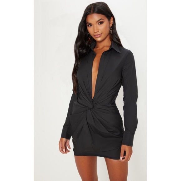 PrettyLittleThing | Dresses | Nwtprettylittlething Black Plunge Knot Shirt  Dress | Poshmark